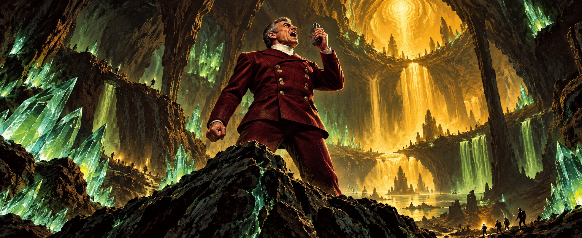 Pulp science-fiction illustration: a starship admiral in a maroon uniform jacket roars upward with a communicator in his fist, standing on a rock ledge in a vast cavern of glowing green crystals and golden falls.