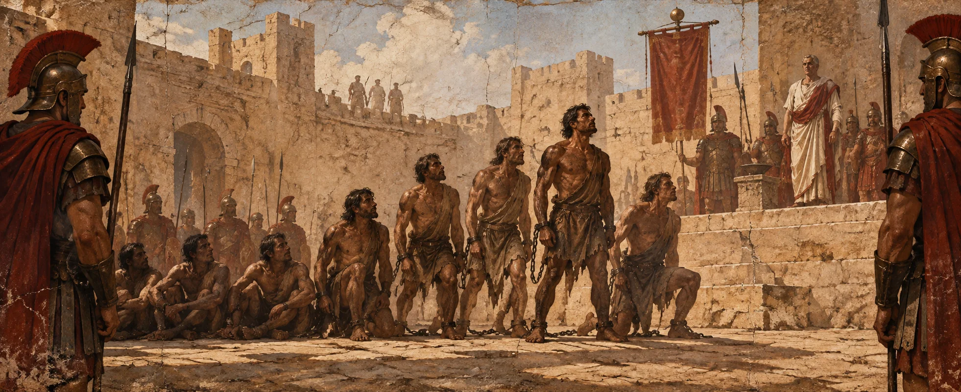 Captured rebels in ragged tunics rise one after another before Roman soldiers and a patrician in white in a dusty stone courtyard.