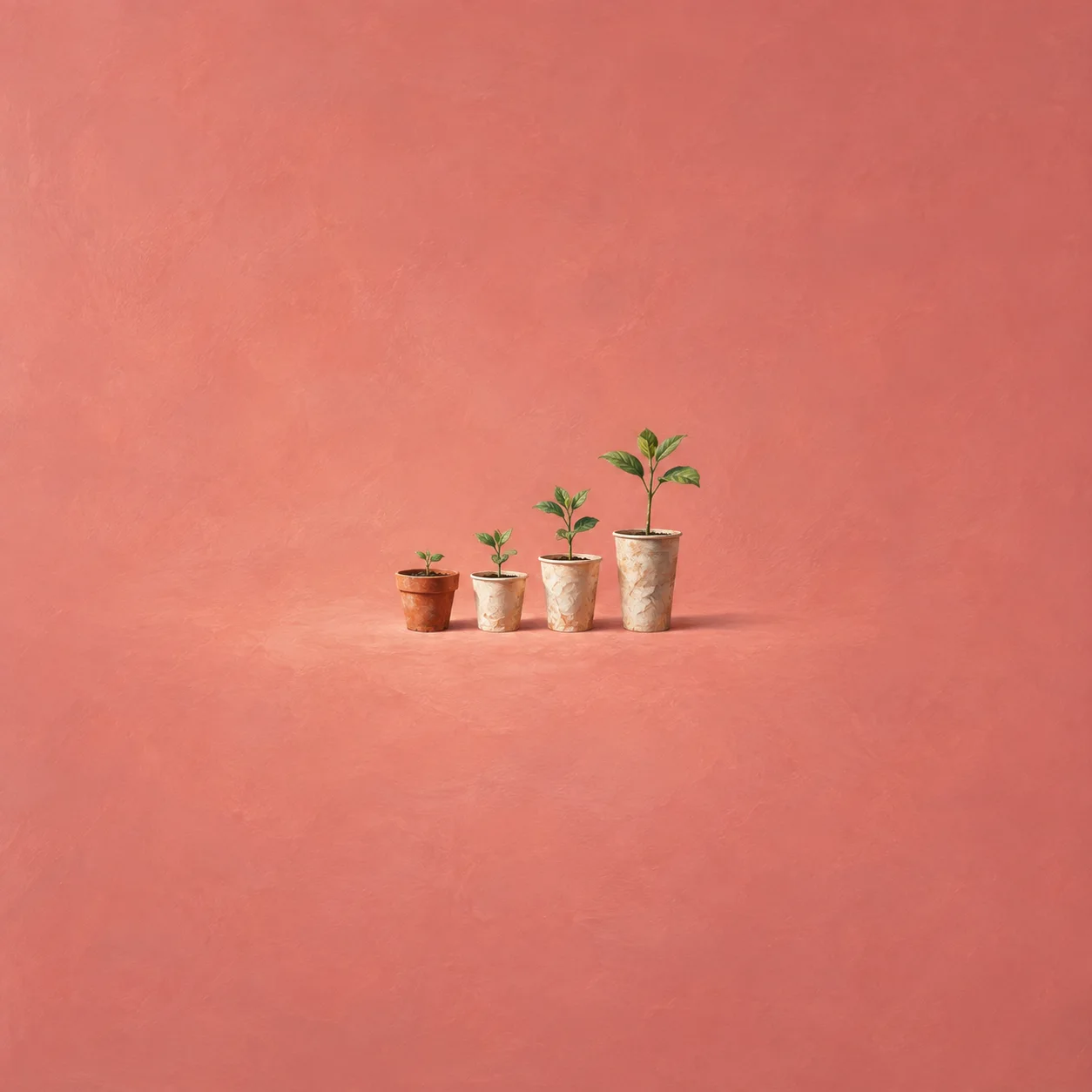A seedling in a terracotta pot beside three paper cups holding progressively taller plants on a coral background.