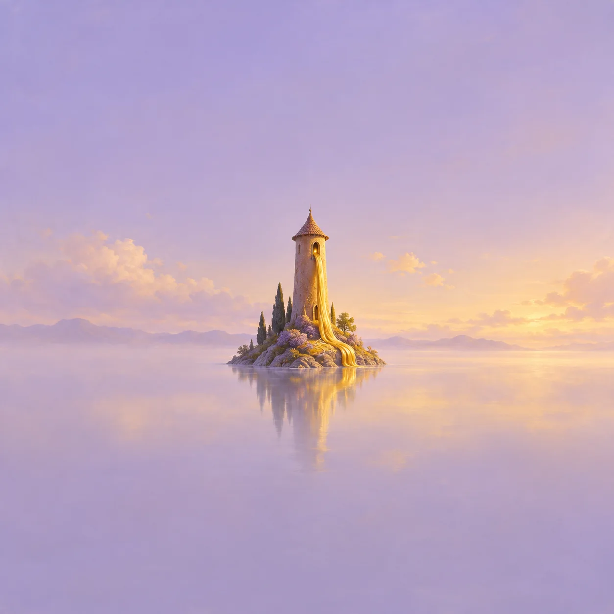 A small clay tower with golden thread hanging from its window against a lilac background.