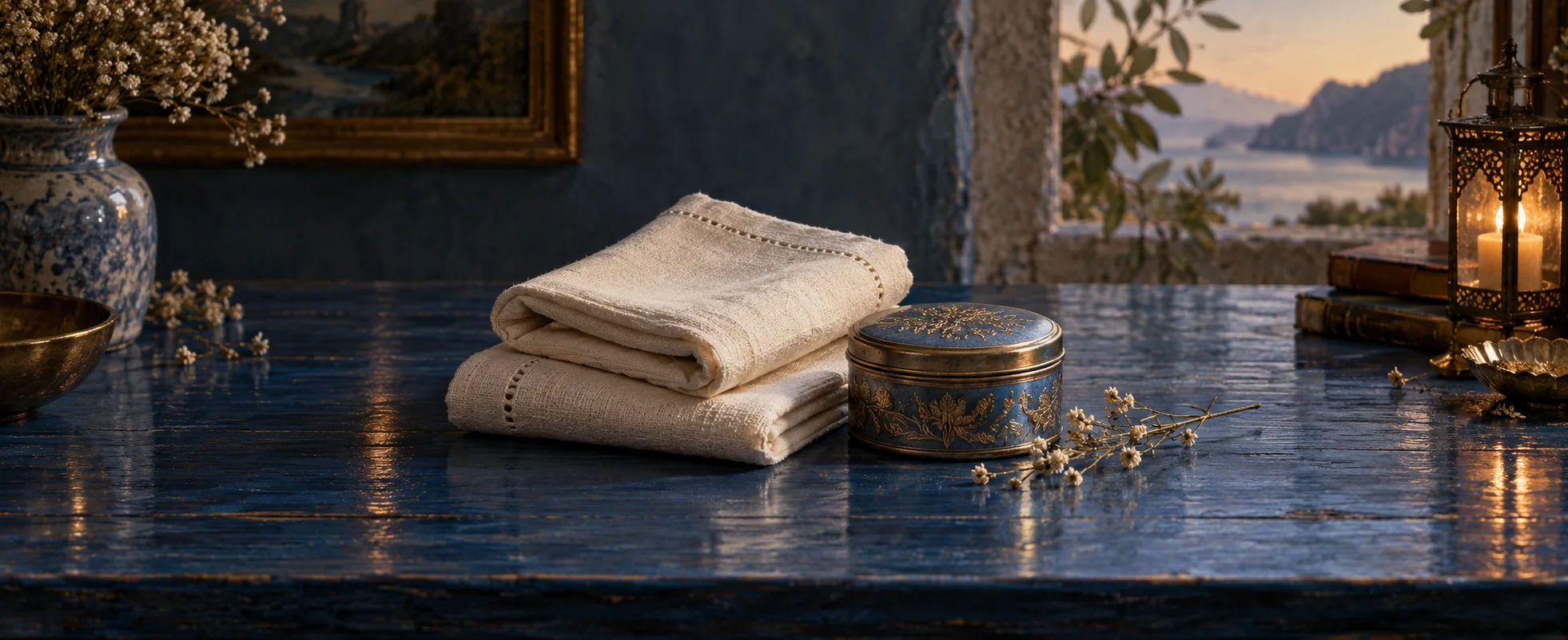 Two folded cream cloths rest beside a small round tin on a polished blue wooden panel.