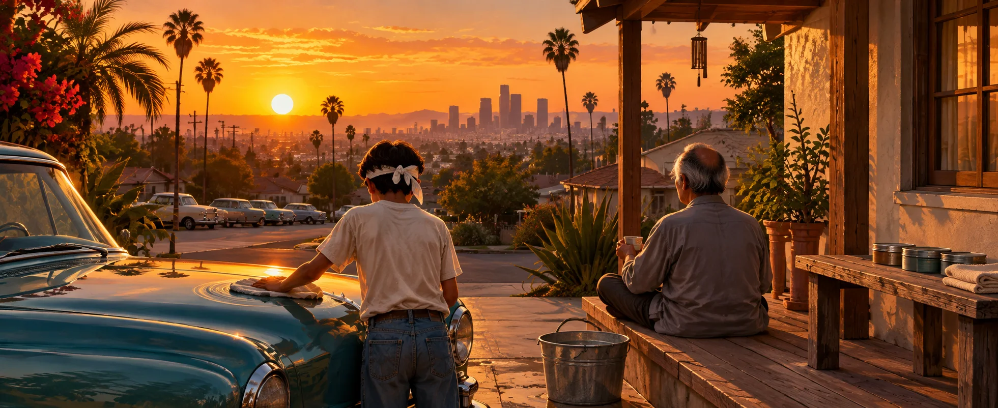 A teenage boy waxes an old car in circles while an older man watches from a porch at sunset over Los Angeles.