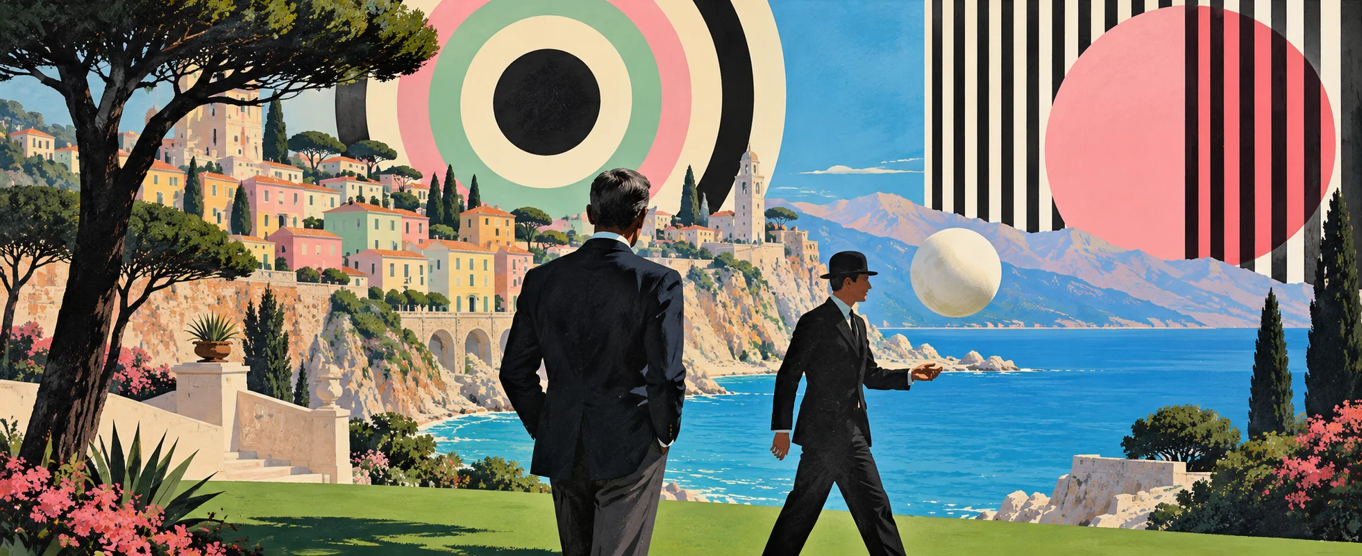 Pop-art collage of a pastel Italianate seaside village on a cliff, a man in a dark blazer walking a lawn while a large white balloon bounces toward him, op-art circles and stripes in the sky.