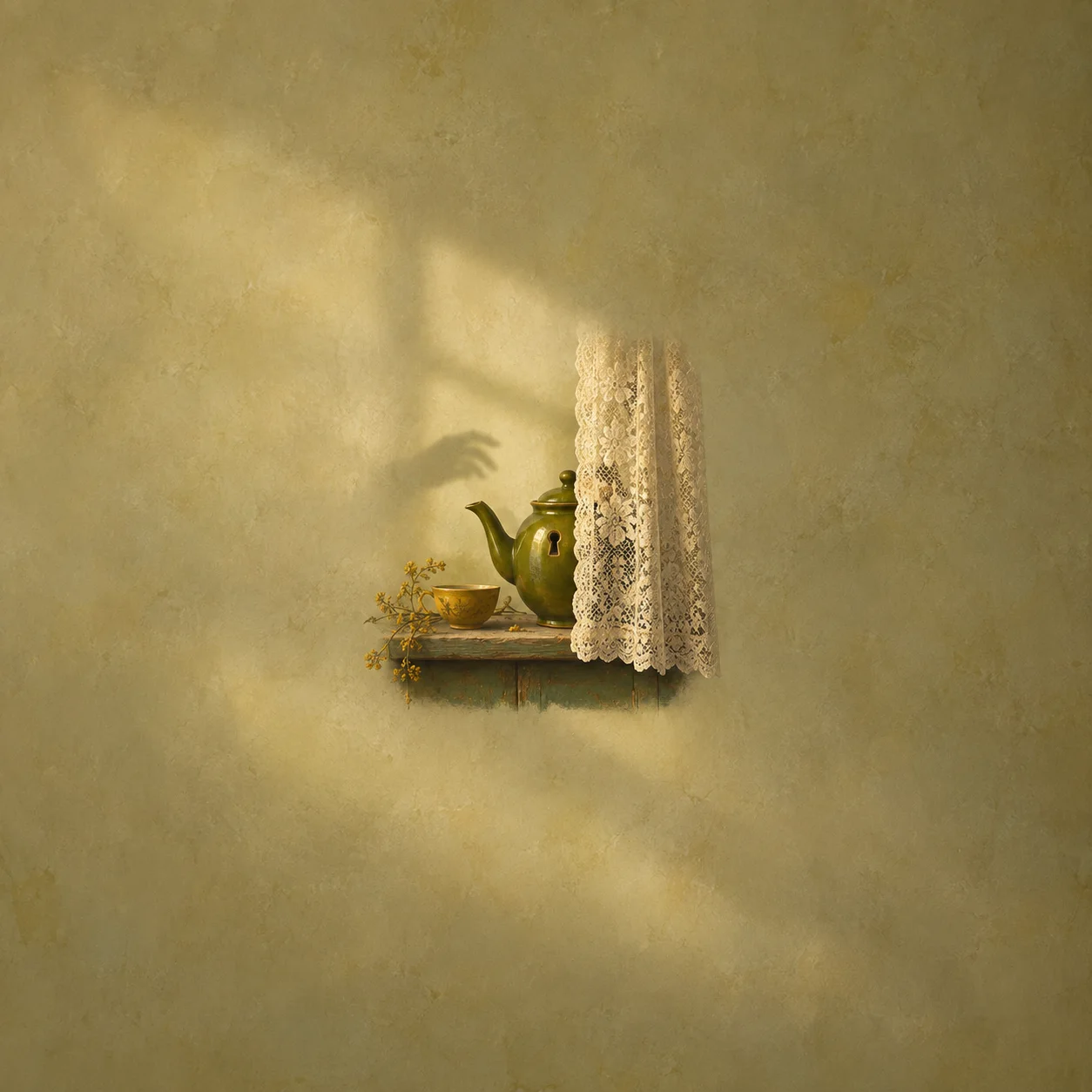 A green teapot and a small cup on a shelf beside a lace curtain, with a hand-shaped shadow on the wall.
