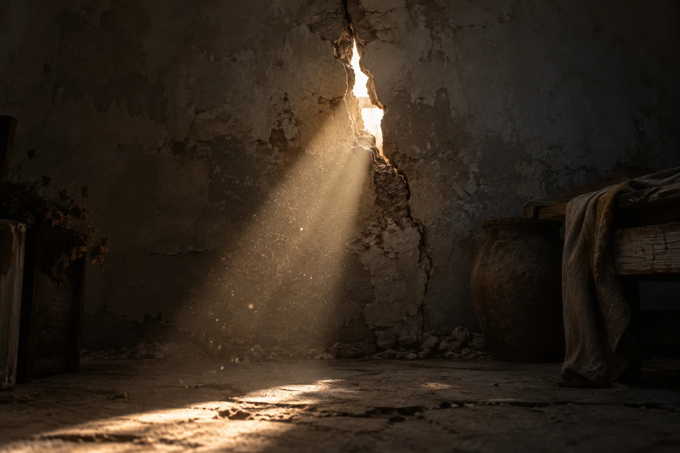 Sunlight and dust streaming through a narrow crack in a dark plaster wall.