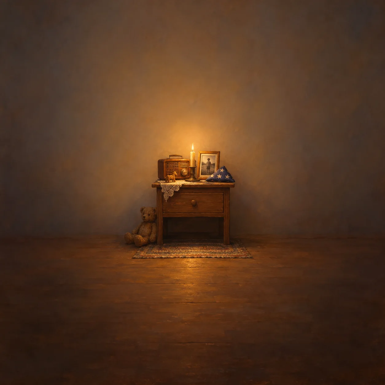 Painterly wooden nightstand with a candle, radio, framed photograph and folded blue flag beside a teddy bear.