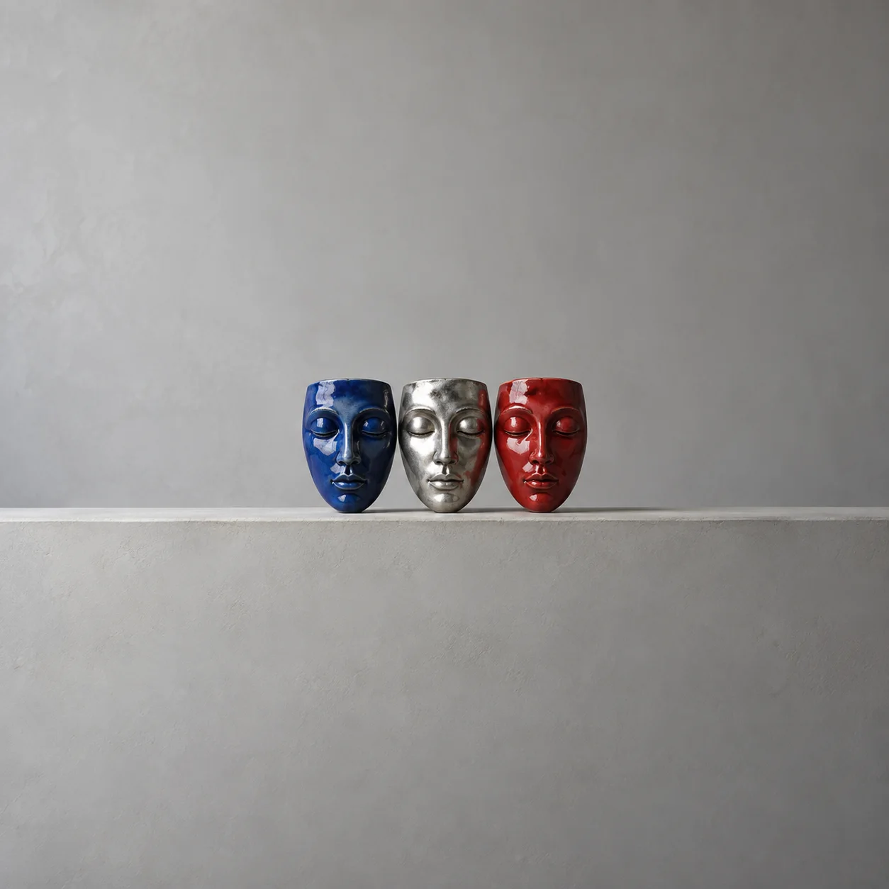 Three glossy face-shaped masks in blue, silver and red, standing in a row.