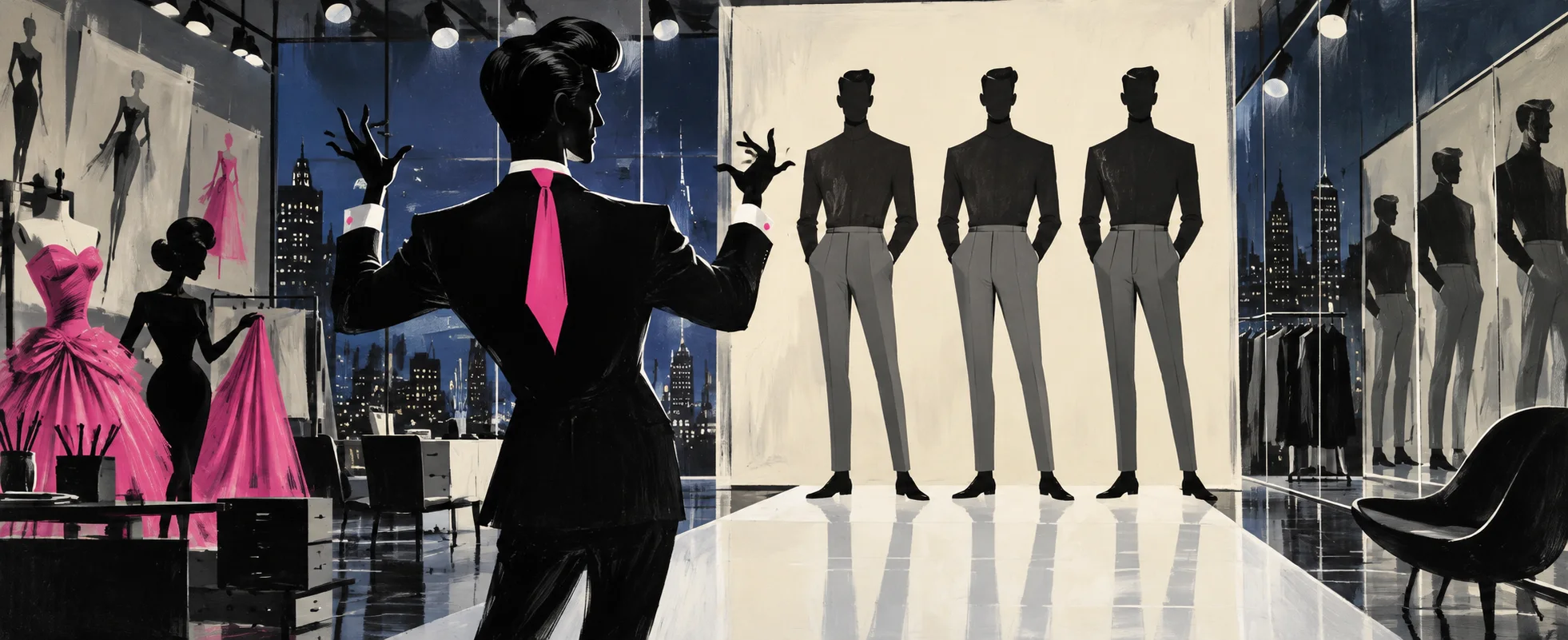 A designer in a black suit and pink tie throws up his hands before three identical male models in a fashion studio.