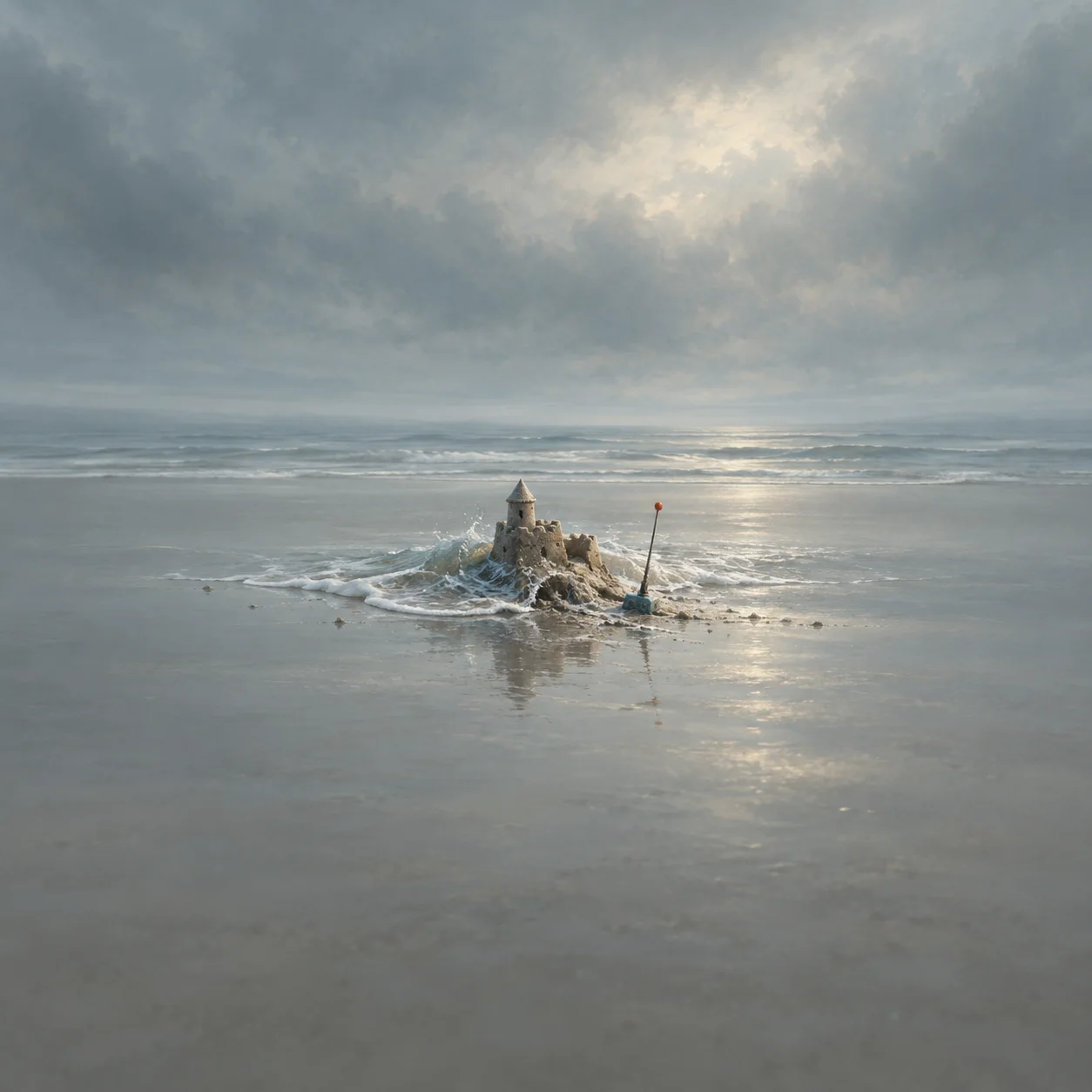 A small sandcastle is washed by a shallow wave beside a toy antenna under a cloudy sky.