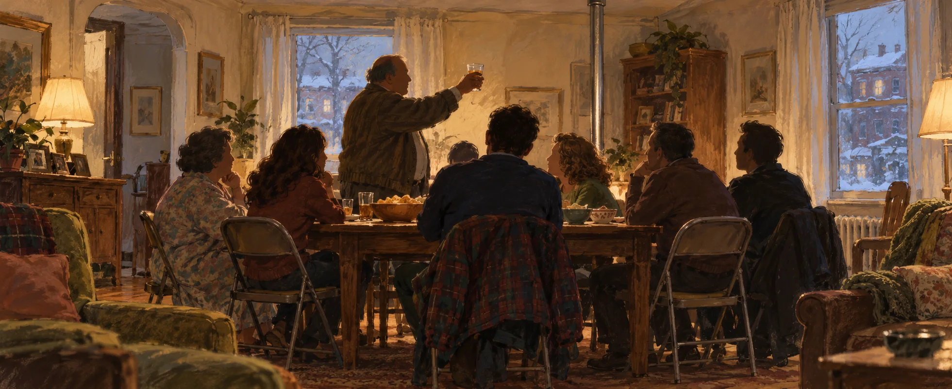 Warm painterly illustration of a crowded family dinner in a Queens living room on a snowy evening, an older man standing at the head of the table raising his glass, a bare metal pole in the room.