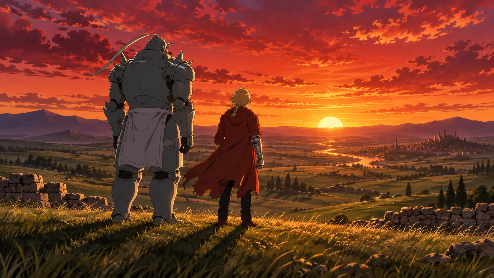 Anime illustration: a hulking suit of armour and a smaller blond boy in a tattered red coat with a metal arm stand with their backs to us on a grassy hilltop, watching a blazing red sunset over a river valley and distant town.