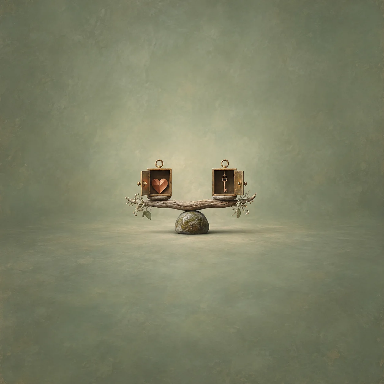 Two small brass boxes, one holding a heart and the other a key, balance on a driftwood beam above a round stone.