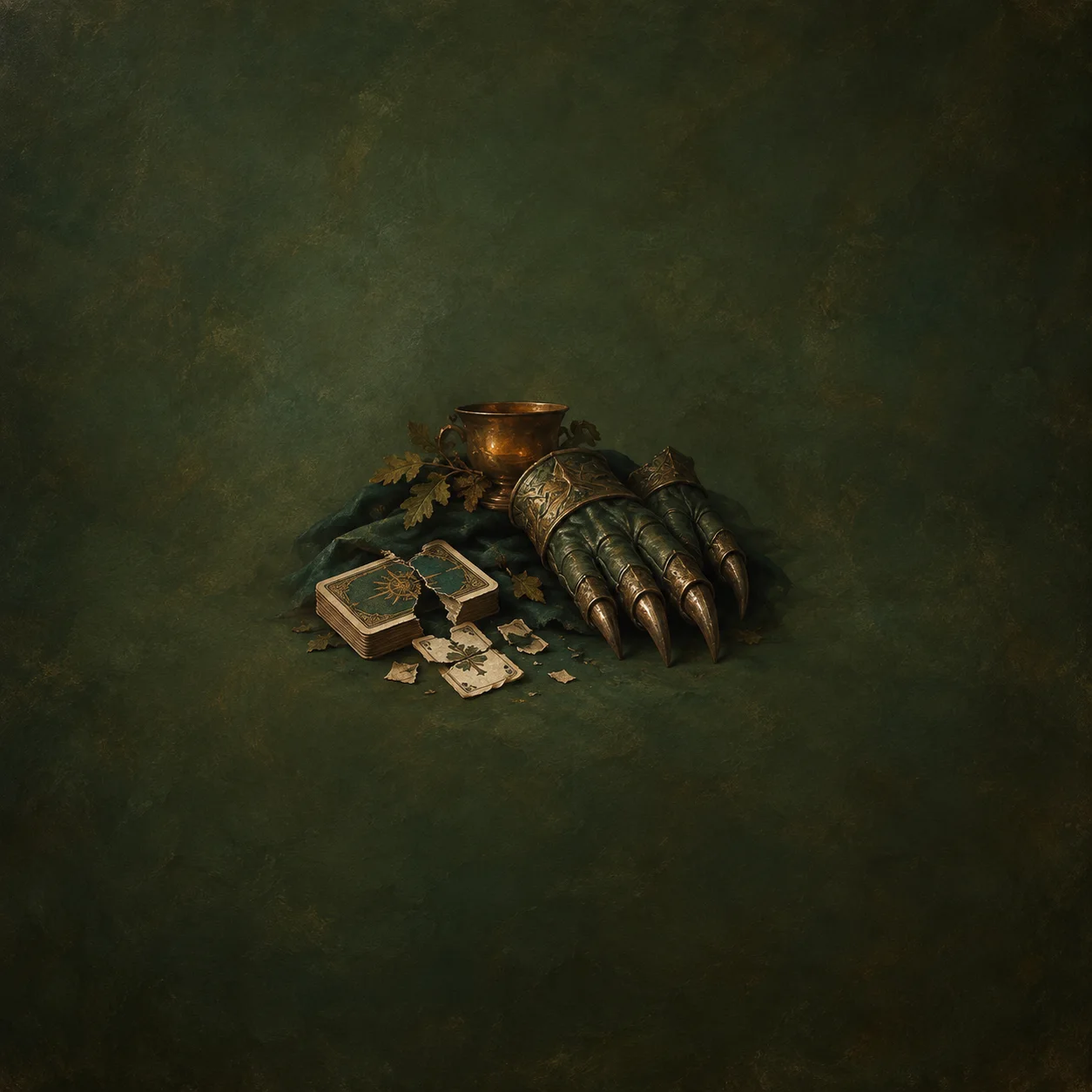 Painterly dark clawed gauntlet beside a bronze cup and scattered playing cards on green.