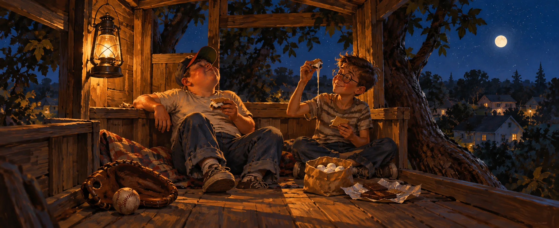 Two boys sit in a lantern-lit wooden tree house at night with s'mores and a baseball mitt.