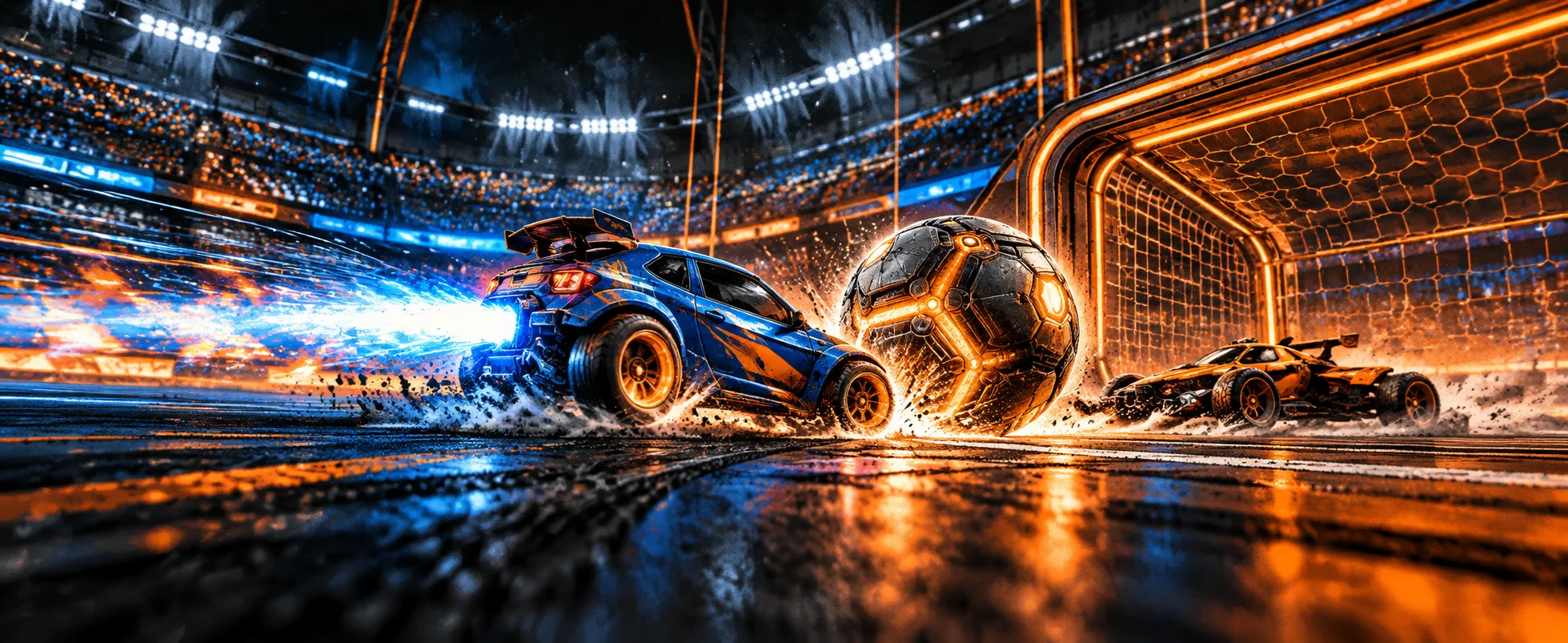A rocket-powered car blasts a giant ball toward the goal in a glowing stadium.