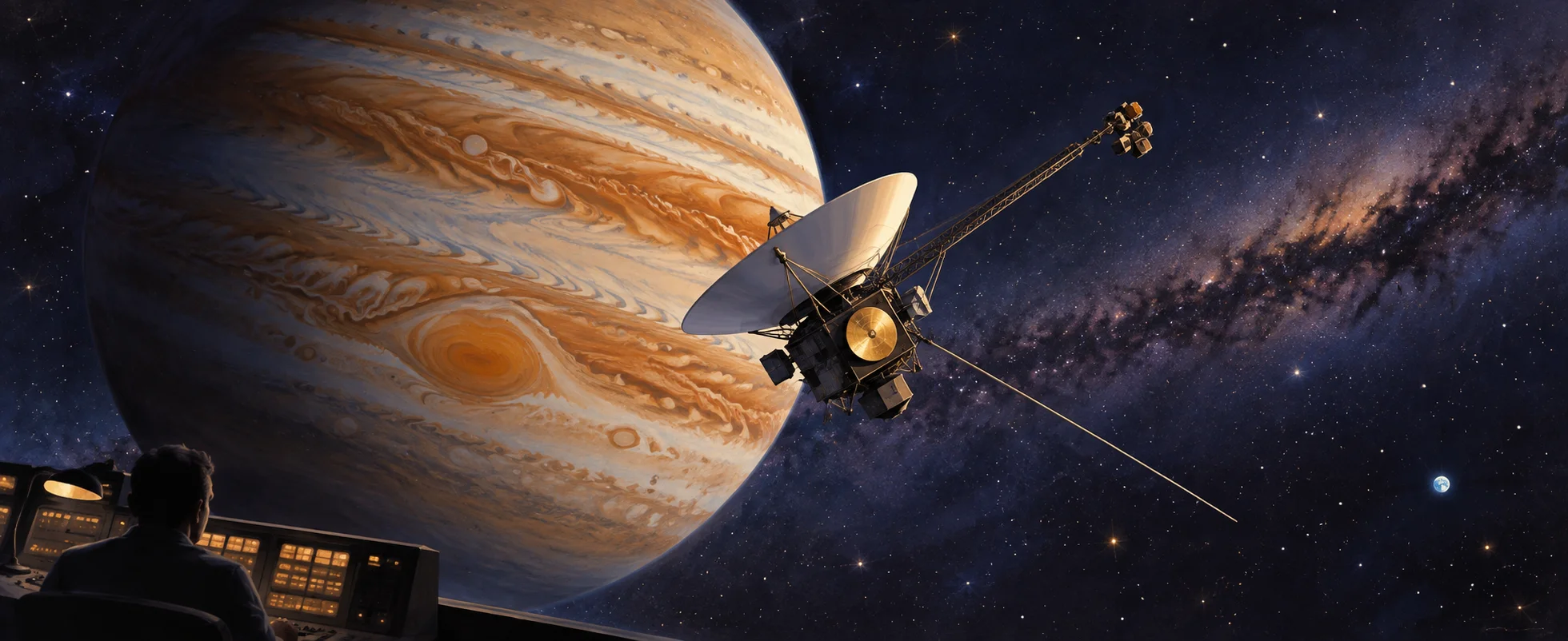 A robotic spacecraft with a dish antenna sails past the banded face of Jupiter, a figure at a console watching in the foreground.