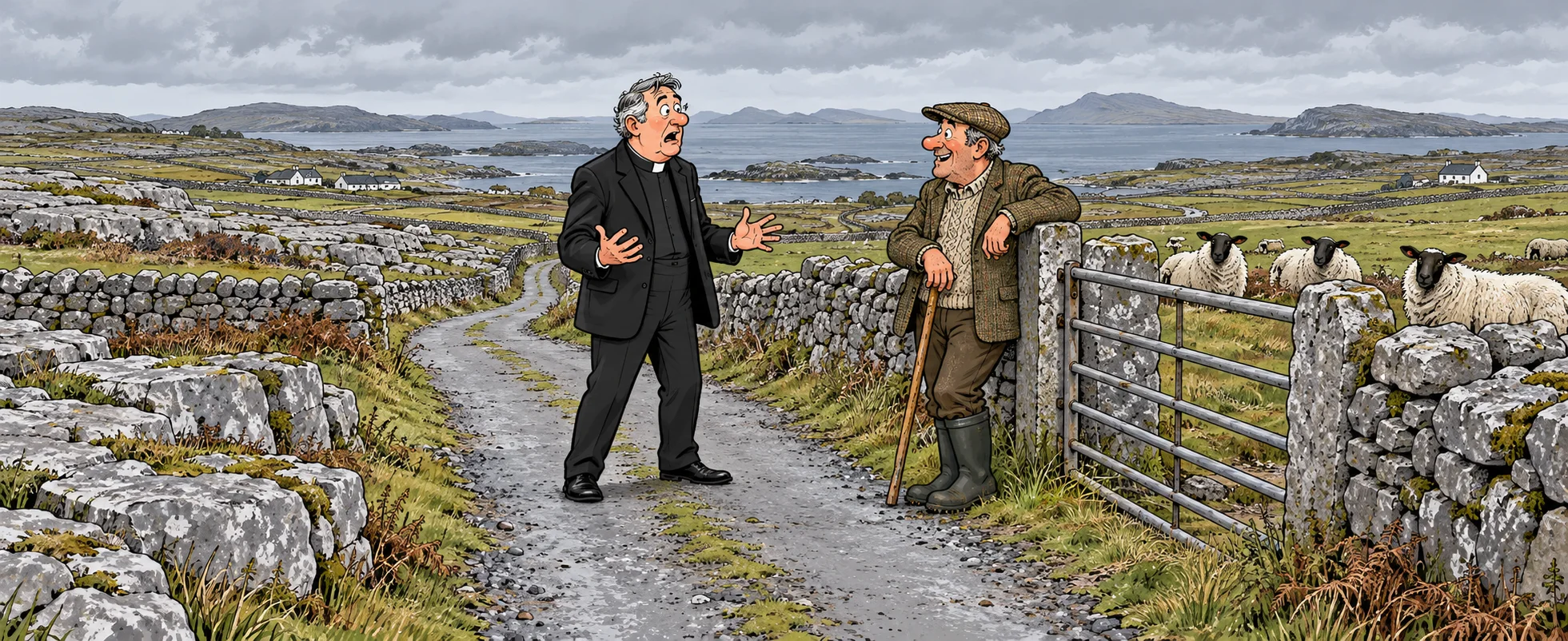 On a narrow road between dry-stone walls on Craggy Island, an appalled Father Ted faces a cheerful local man in a flat cap leaning on a farm gate, with sheep watching from the field.