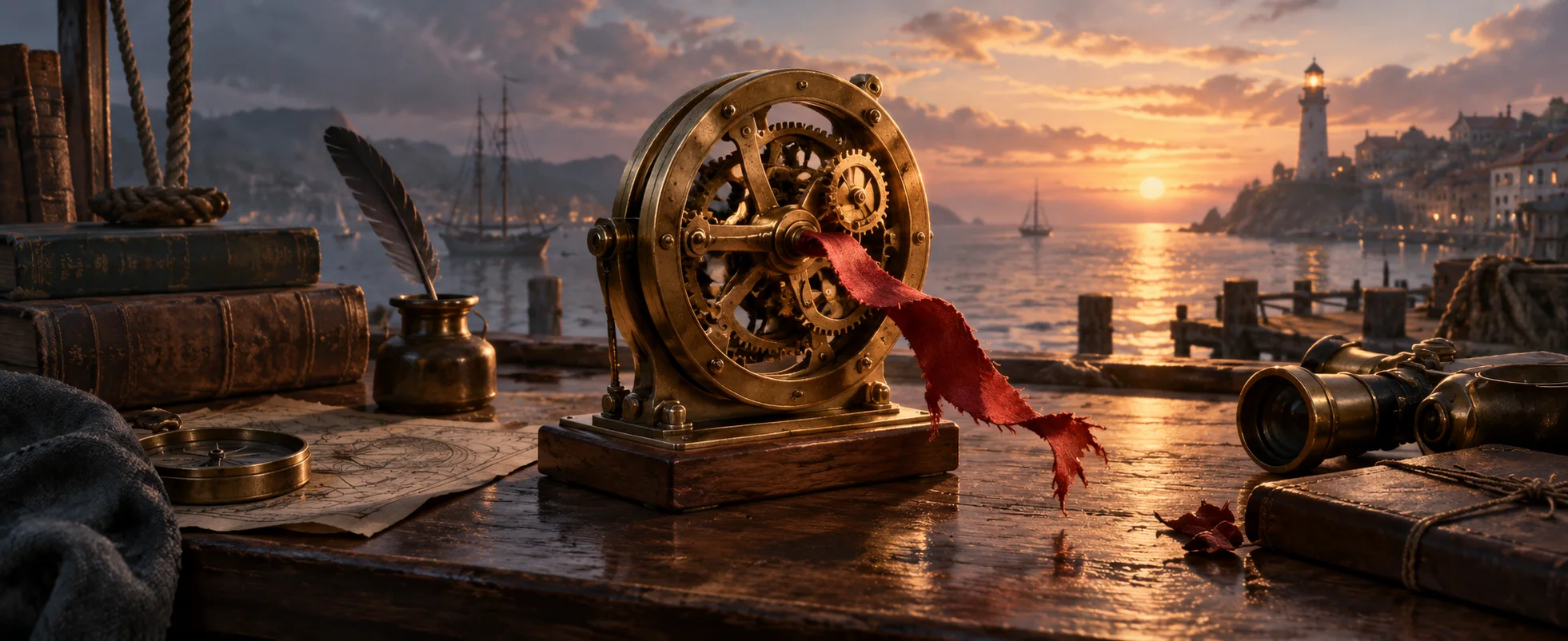 A circular brass mechanism draws a small torn red ribbon into its polished gears on a harbour-side desk.