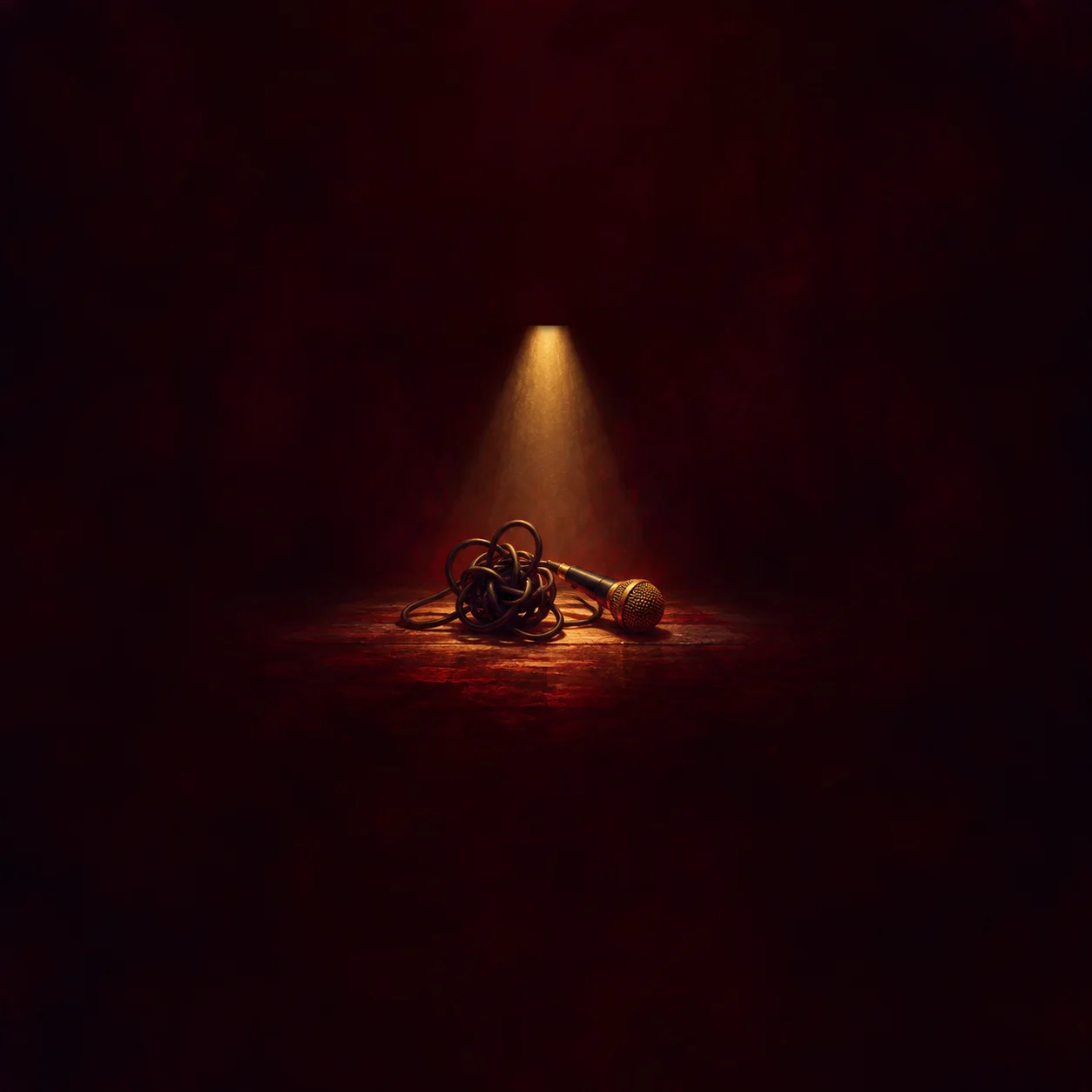 A microphone lies beside its tangled cord under a narrow golden spotlight on a dark red stage.