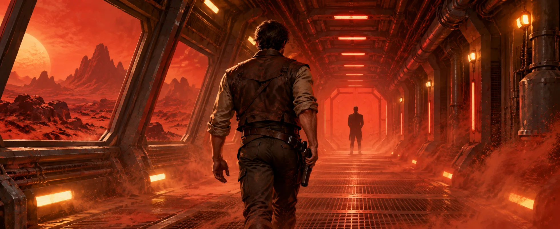 A man in a worn vest walks down a red-lit corridor of a Mars colony, red mountains through the windows, a figure waiting at the far end.