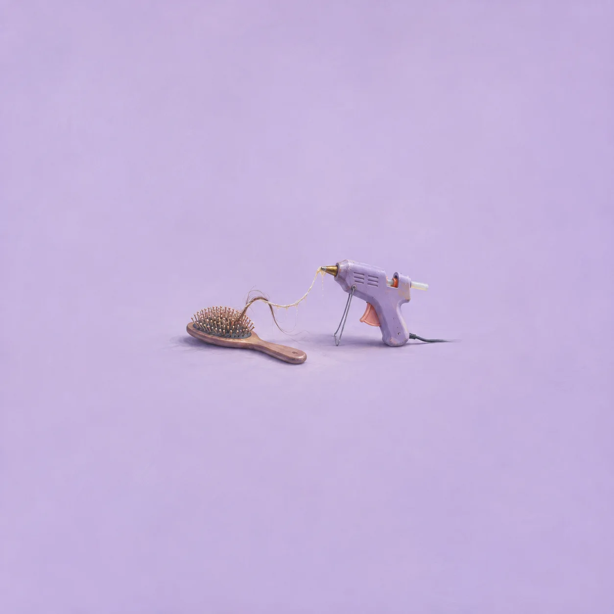 Painterly lilac glue gun with a fine glue strand reaching towards a hairbrush.