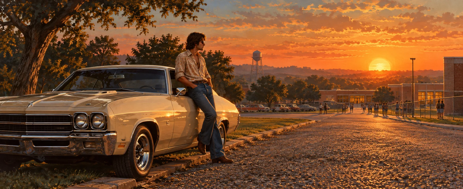 A young man in a 1970s shirt leans on a cream muscle car at sunset on a Texas street, a water tower on the horizon.