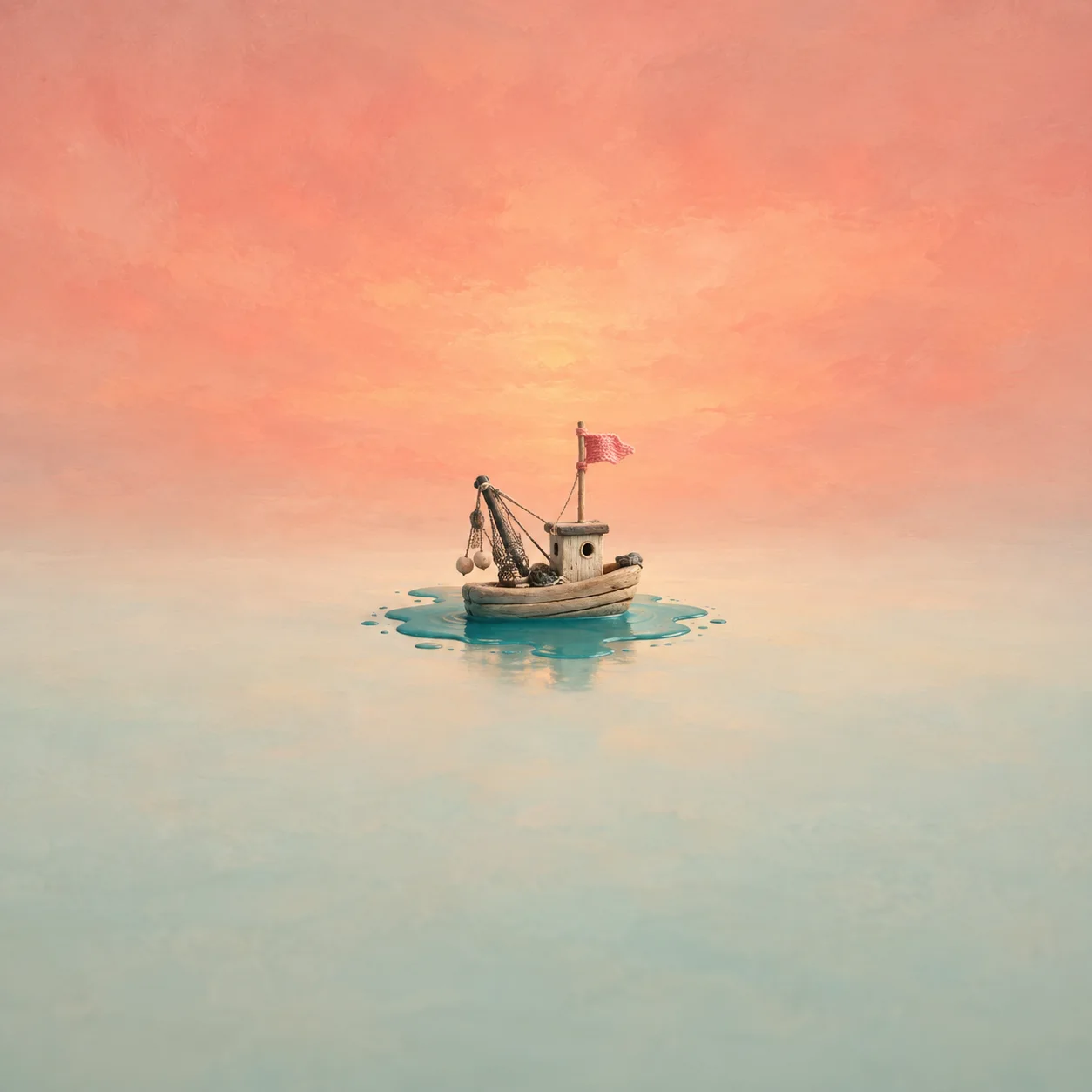 A small driftwood boat with a pink knitted flag floating on a puddle of teal paint under a coral wash.