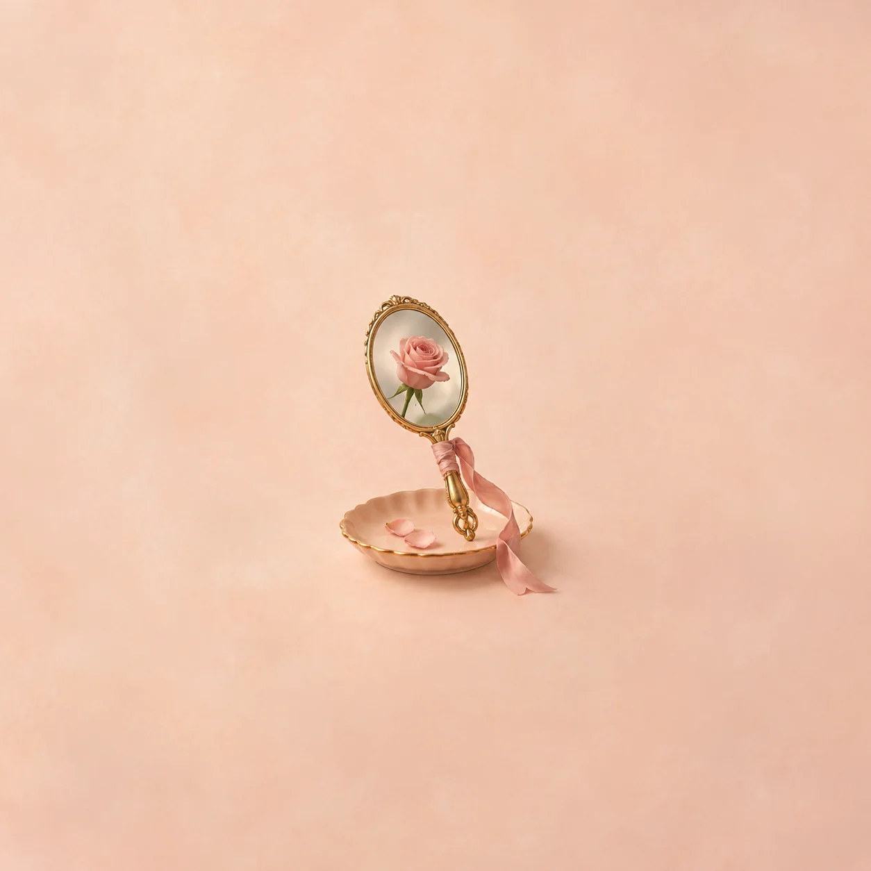 A hand mirror reflecting a pink rose stands above a shallow peach dish with petals and a trailing pink ribbon.
