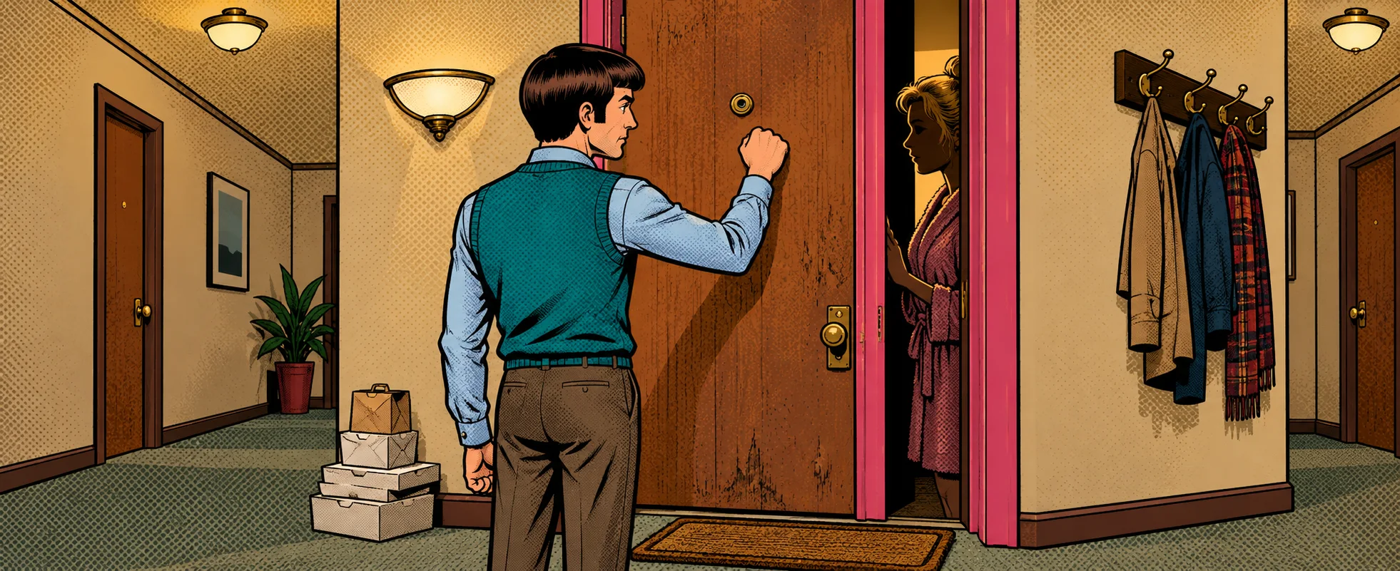 A young man in a sweater vest raps on an apartment door as a blonde woman in a dressing gown peers out through the gap.
