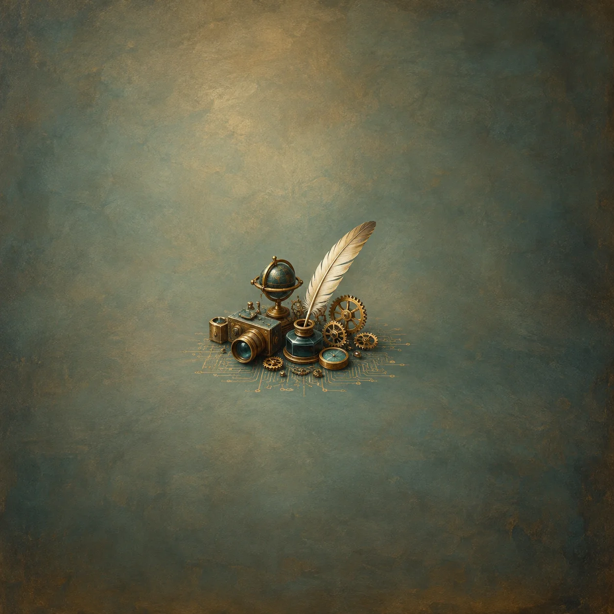 Painterly small globe, camera, gears and quill arranged over faint circuit-like lines on teal.