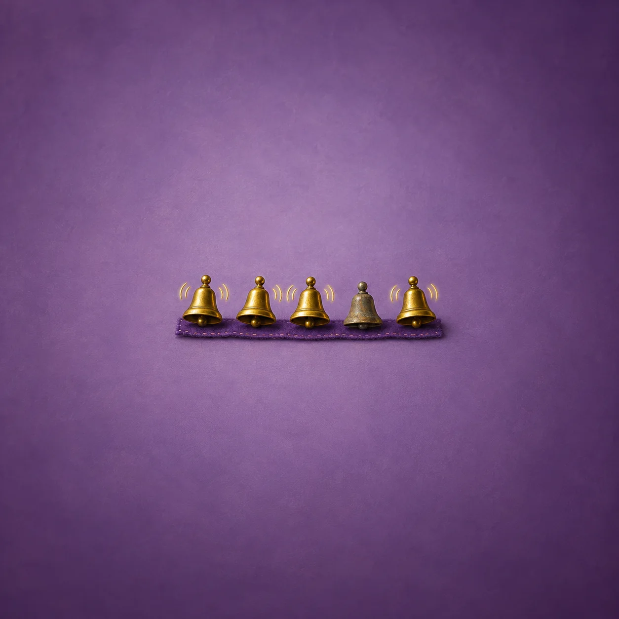 Five small bells stand in a row on purple felt, four gold-coloured and one tarnished grey.