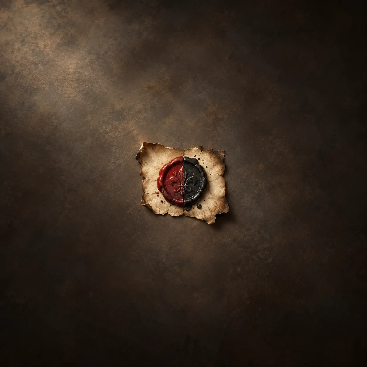 Painterly split red and black wax seal on a torn, scorched piece of parchment.
