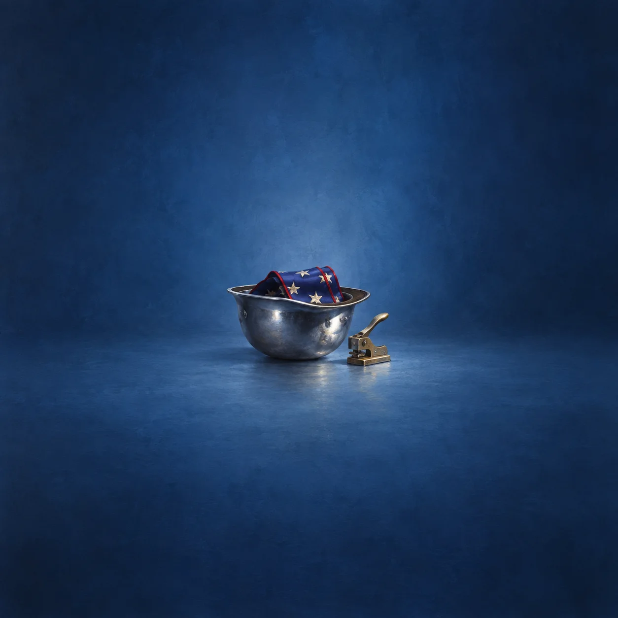 A metal helmet-shaped bowl holds folded blue star-patterned fabric beside a small brass ticket punch.