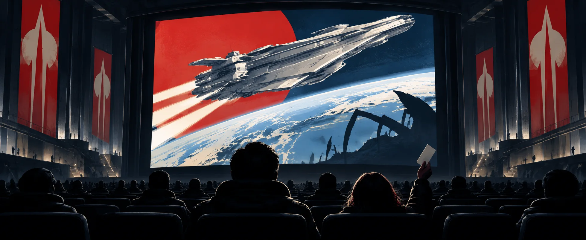 A packed future cinema watches a giant recruitment screen of a starship rising over a blue planet.