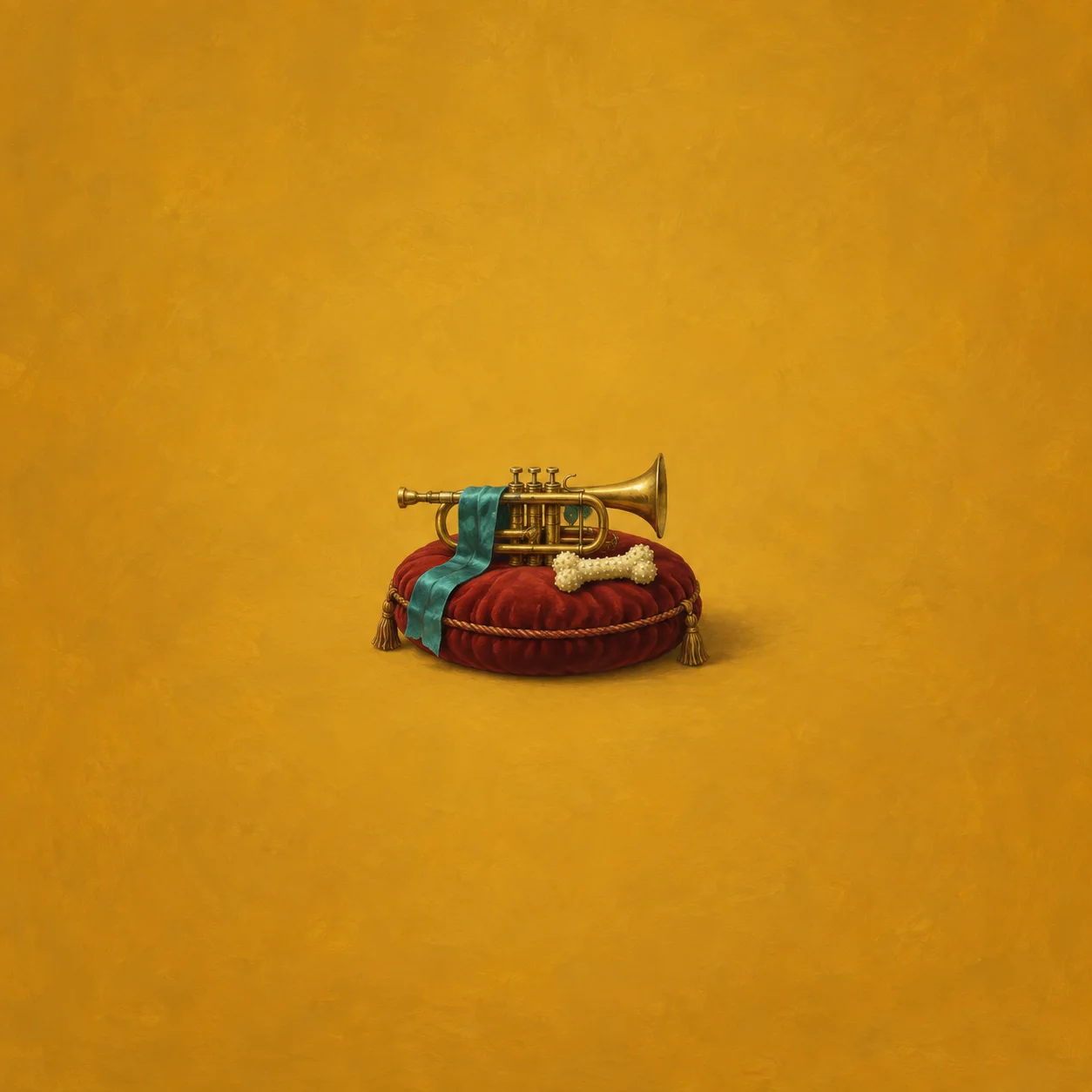 A brass trumpet with teal ribbon rests beside a toy bone on a crimson cushion against mustard.