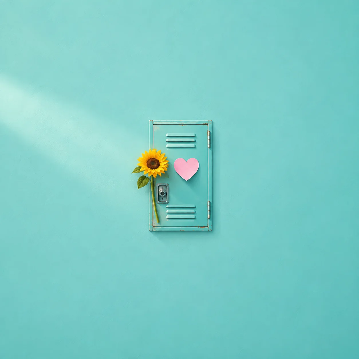 A blank heart-shaped note on a turquoise locker door beside a sunflower.