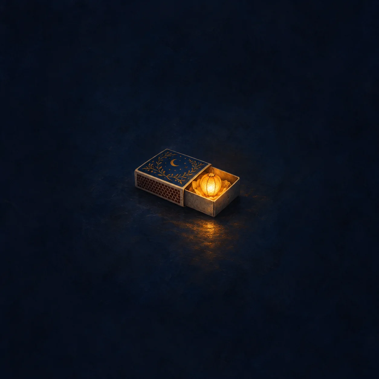 An open matchbox contains a tiny glowing golden lantern on a dark-blue surface.