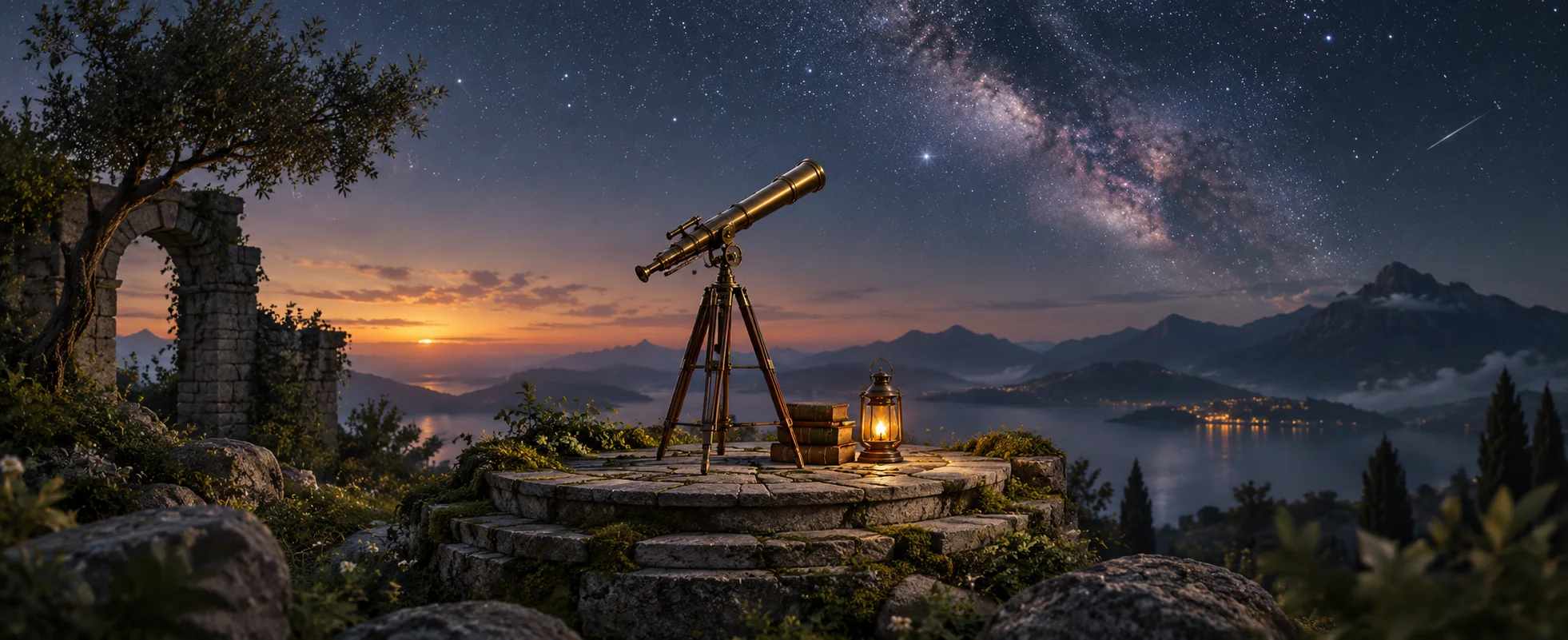 A small brass telescope points toward a field of stars from a mossy circular stone platform.