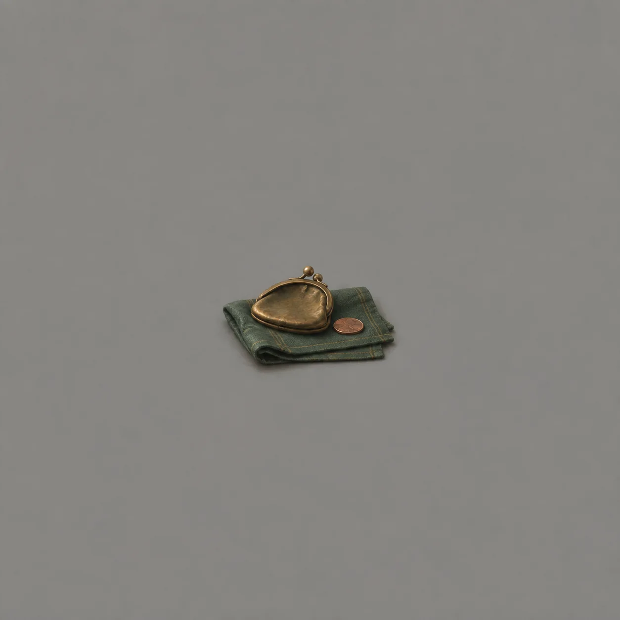 A flattened coin purse with a brass clasp rests on folded green cloth beside a copper coin.