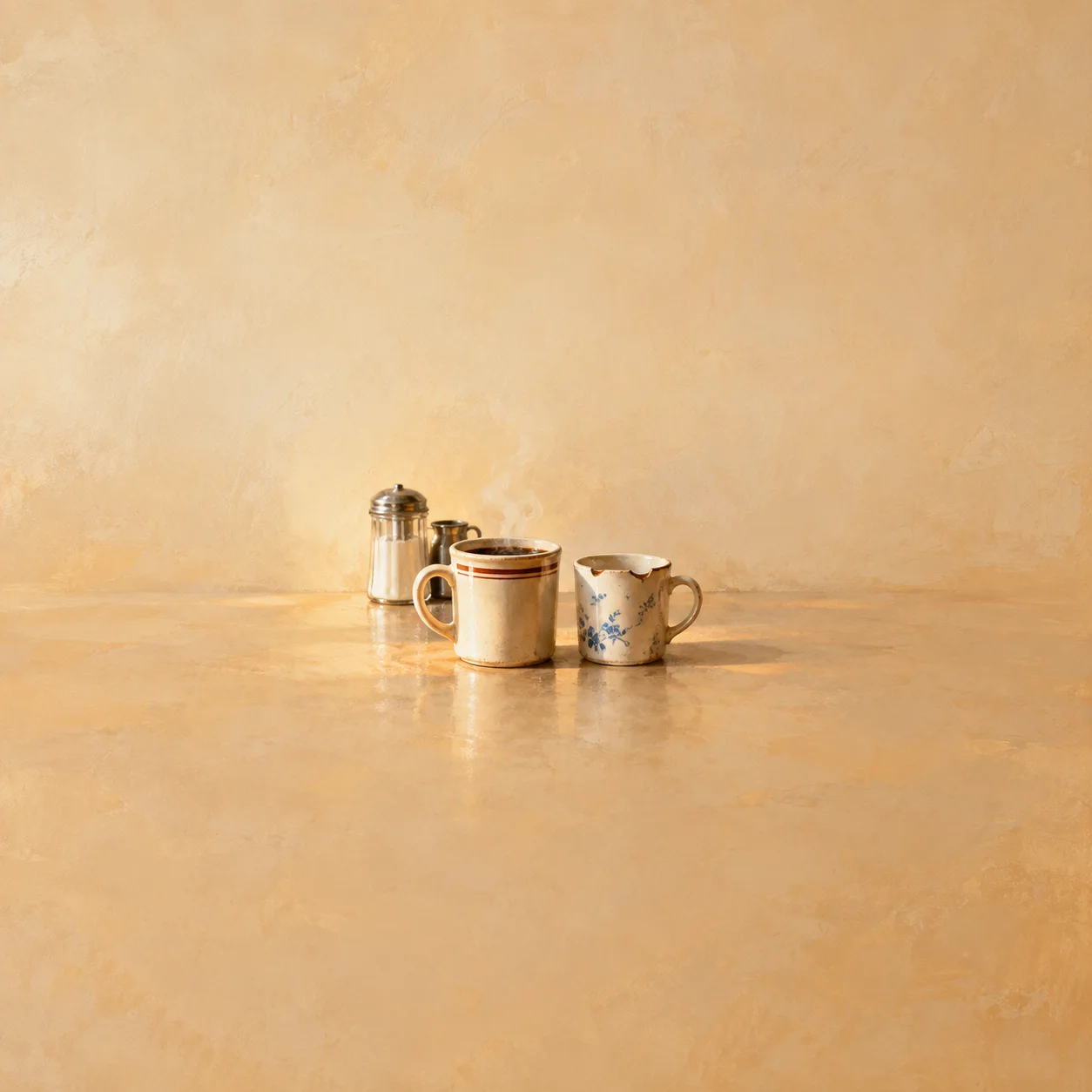 Two mismatched mugs sit on a warm yellow counter beside small metal containers, with steam rising behind them.