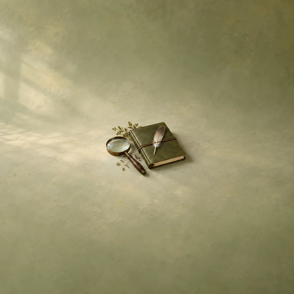 A brass magnifying glass lies beside a closed olive notebook, a pale feather and small leaves.