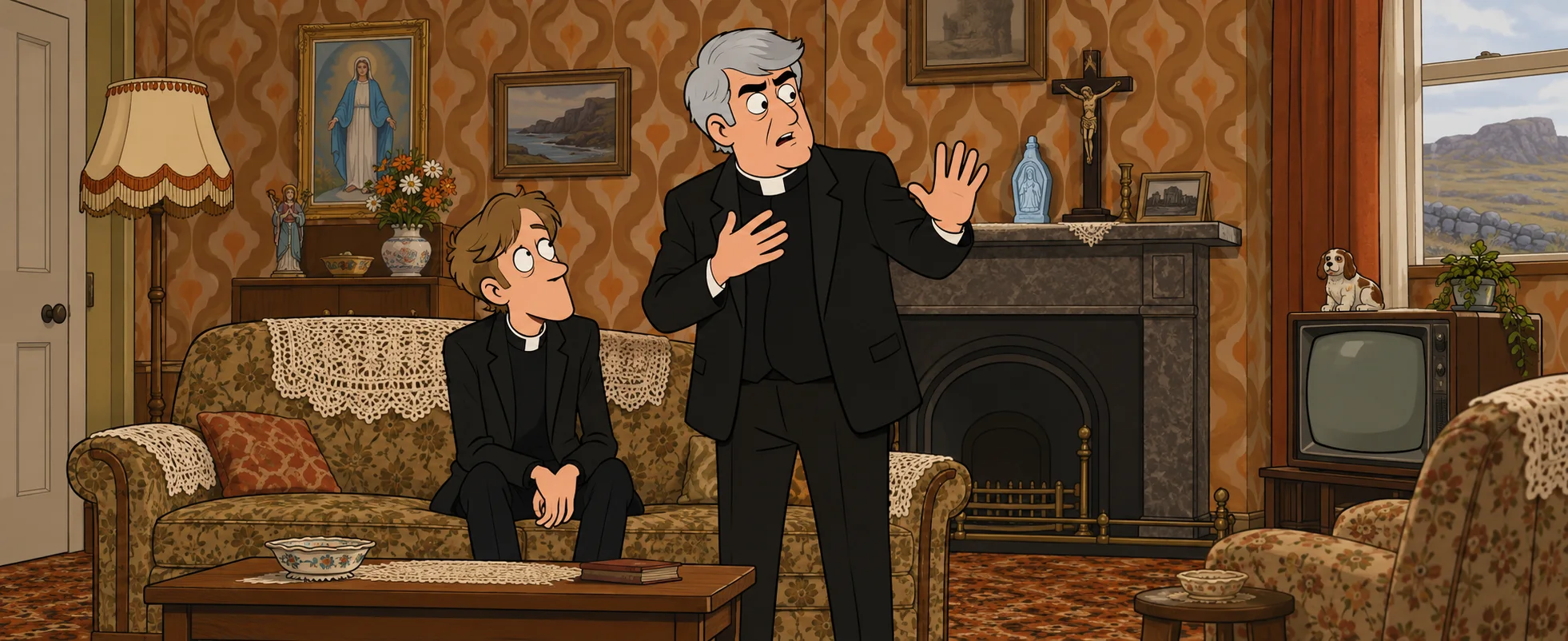 Cartoon Father Ted stands in the sitting room with a hand on his chest, defending himself, while Dougal looks up from the sofa unconvinced; a Lourdes holy-water bottle sits on the mantelpiece.