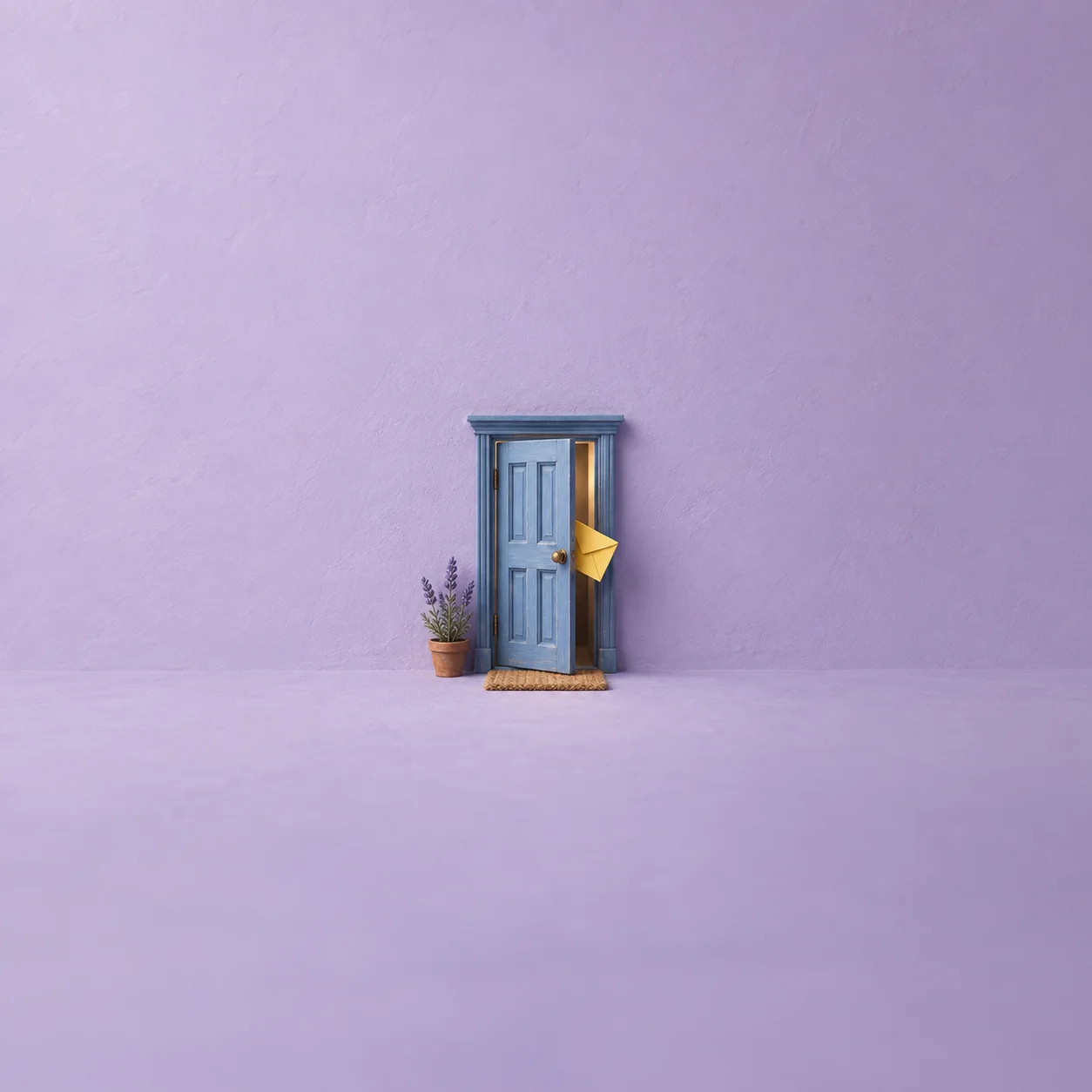 A small blue door standing ajar with a yellow envelope in the gap, beside a potted lavender plant against a lilac wall.