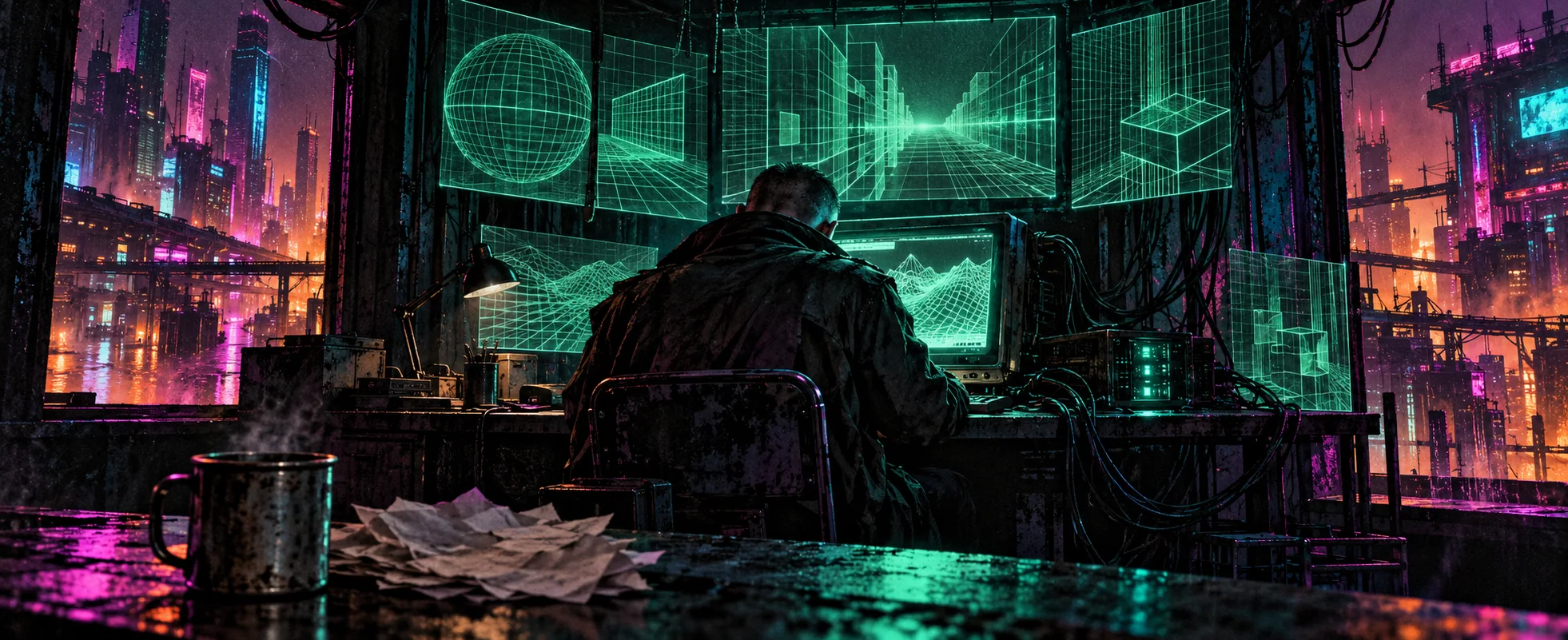 A hacker in a long coat hunches at a terminal under glowing green wireframe screens, a neon city outside the window.
