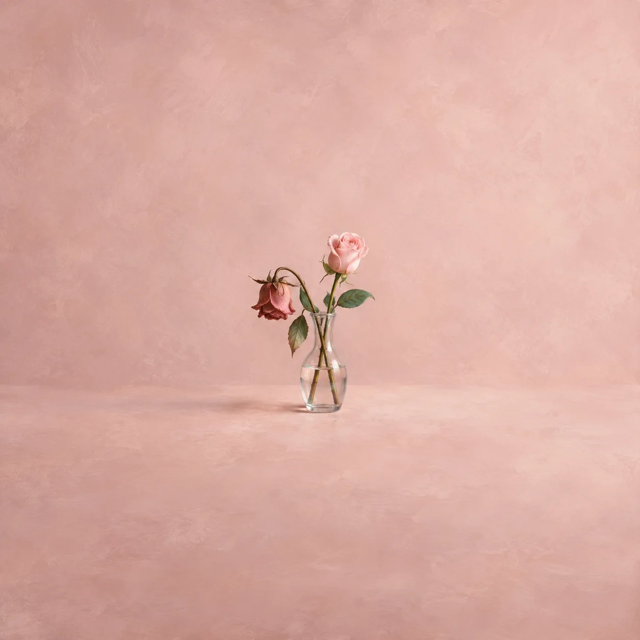 A drooping rose and an upright pink rose stand together in a slender glass vase against a pale pink background.