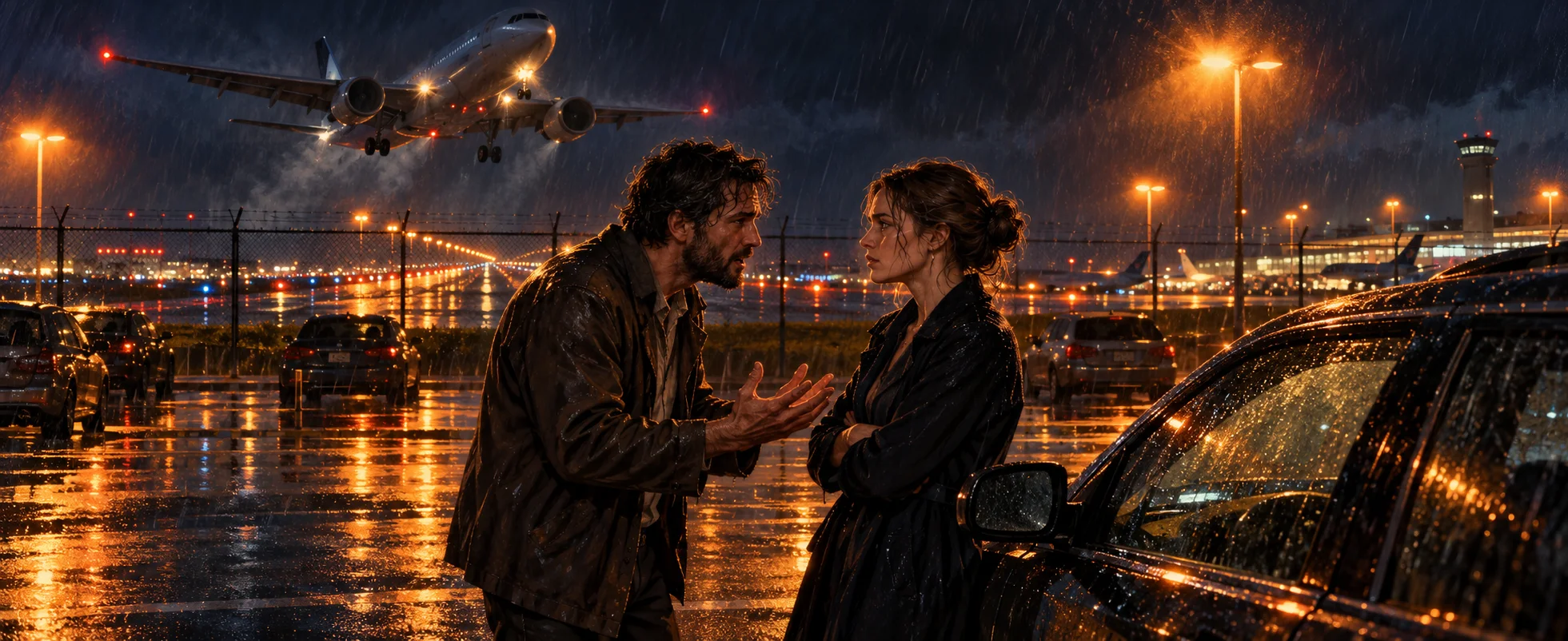 On a rainy airport car park at night, a bearded man pleads with a woman beside her car as a jet roars low overhead.