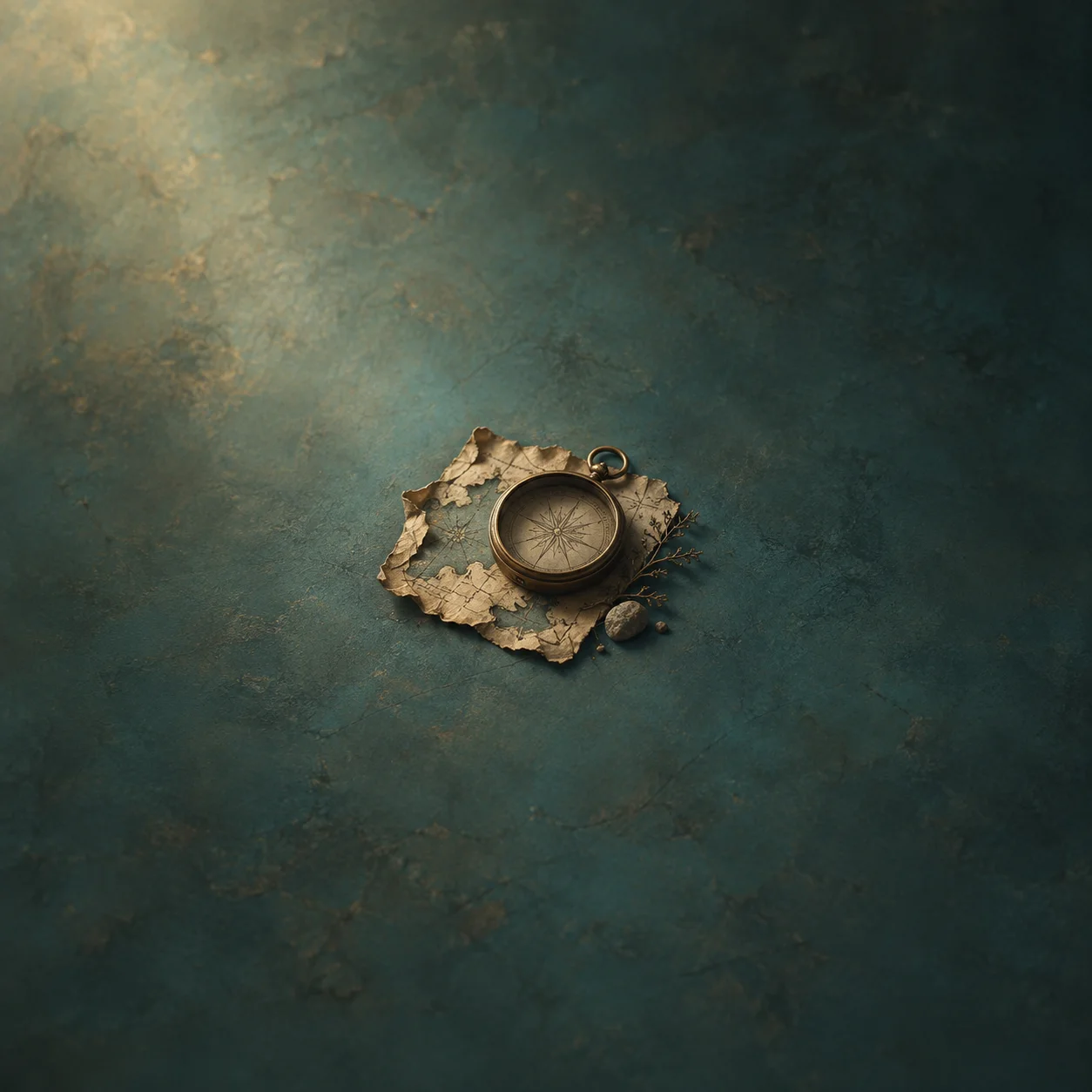 Painterly brass compass on a torn weathered sheet of paper against teal.