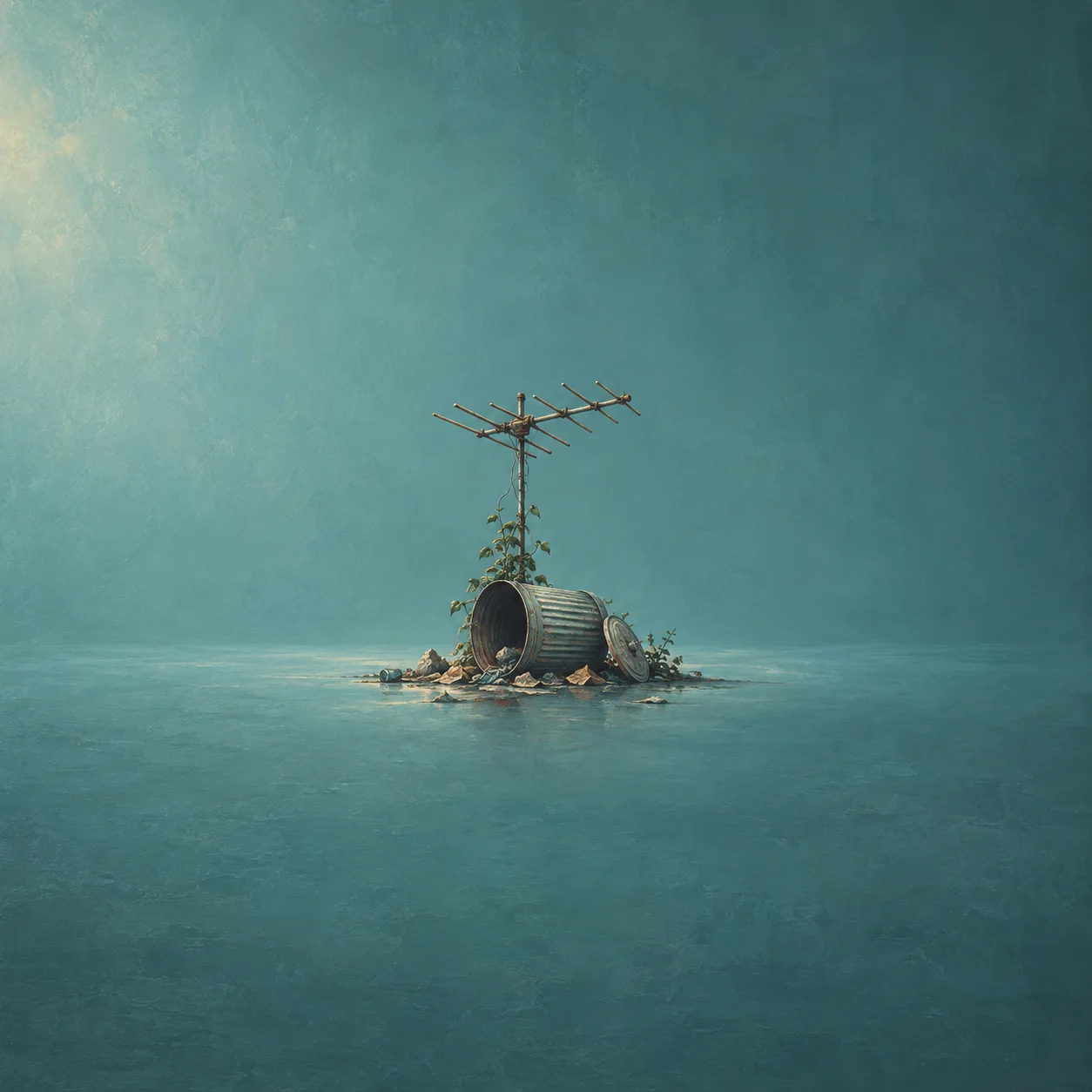 A television antenna rises above an overturned metal trash can, scattered debris and climbing greenery on a teal surface.
