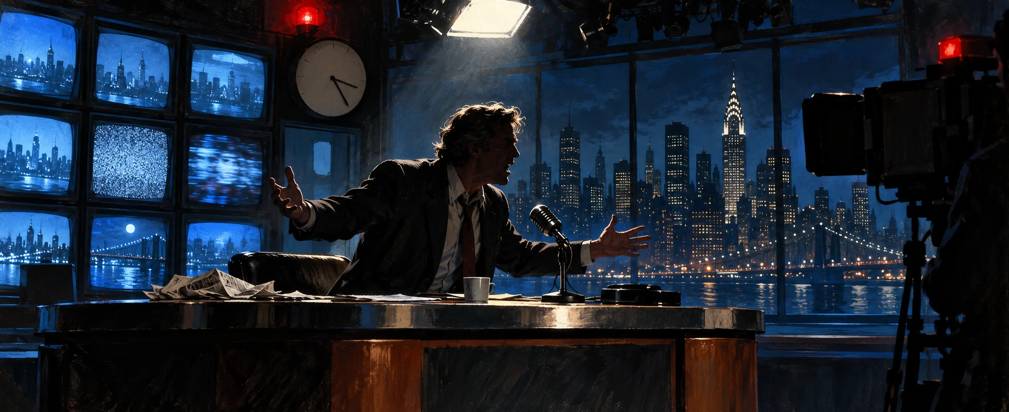 A rumpled news anchor shouts with his arms out at his desk in a late-night studio, a wall of monitors and the city skyline behind him.