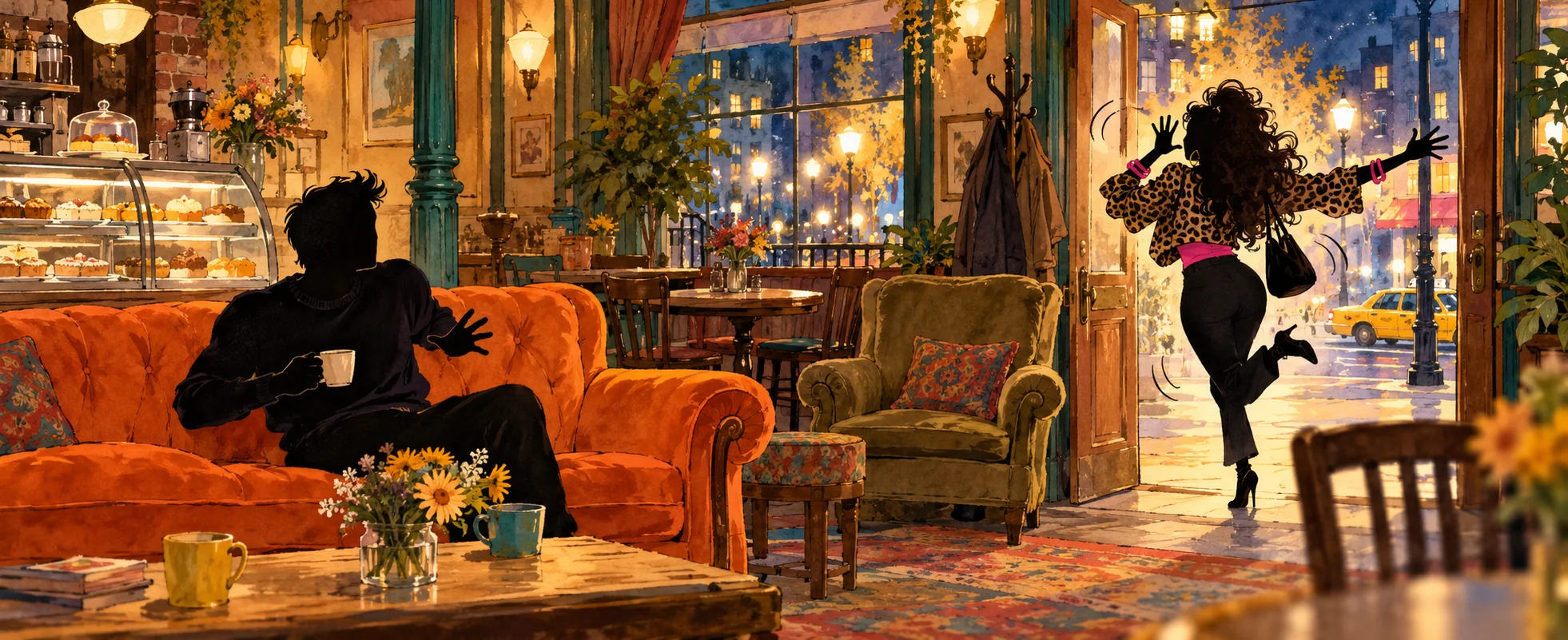 Illustration of a cosy coffee house at night: a woman with big curly dark hair in a leopard-print top bursts through the door with arms flung wide while a man on the orange sofa recoils.